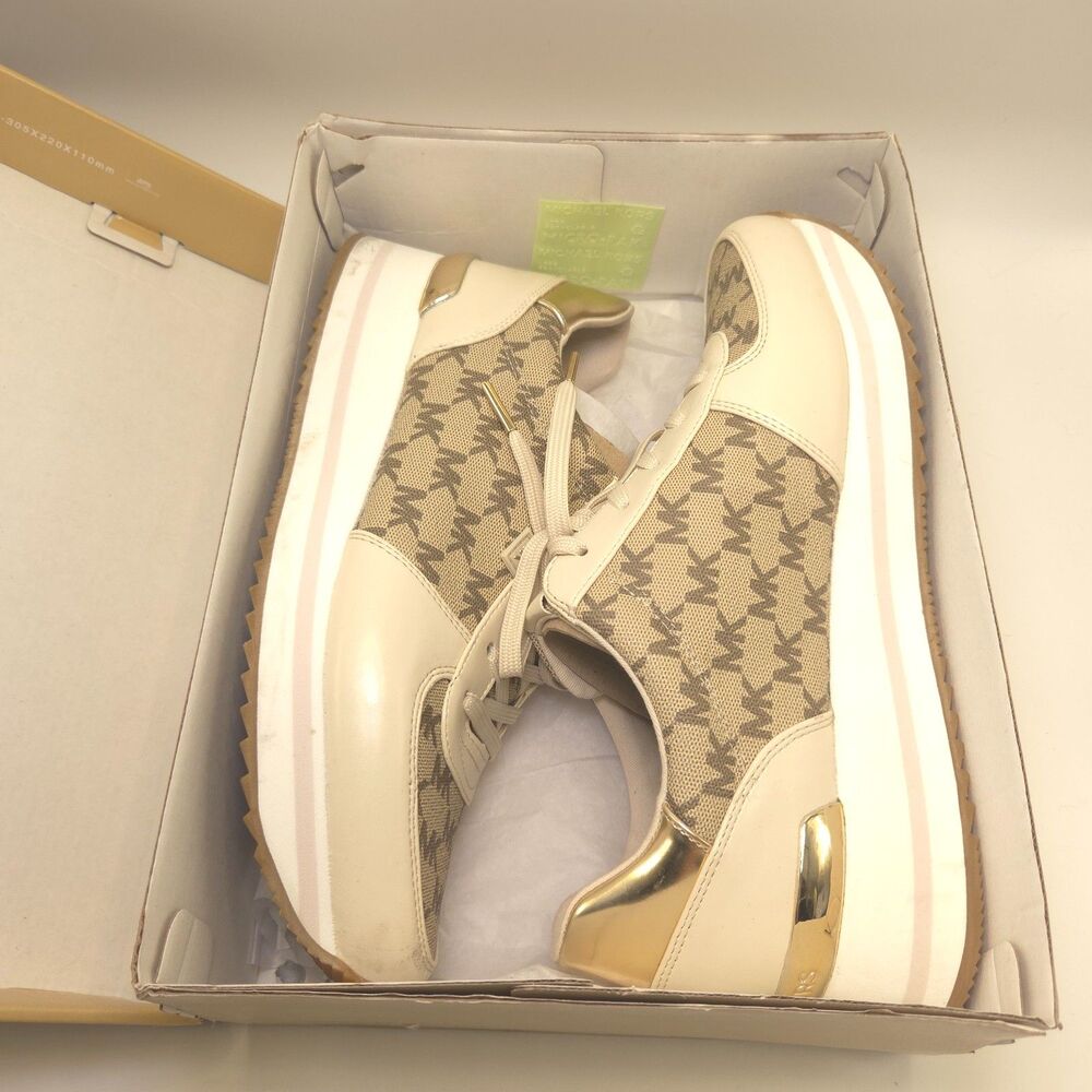 Michael Kors Monique Trainer MK Heritage Canvas Natural Gold Sneakers 11M NIB
